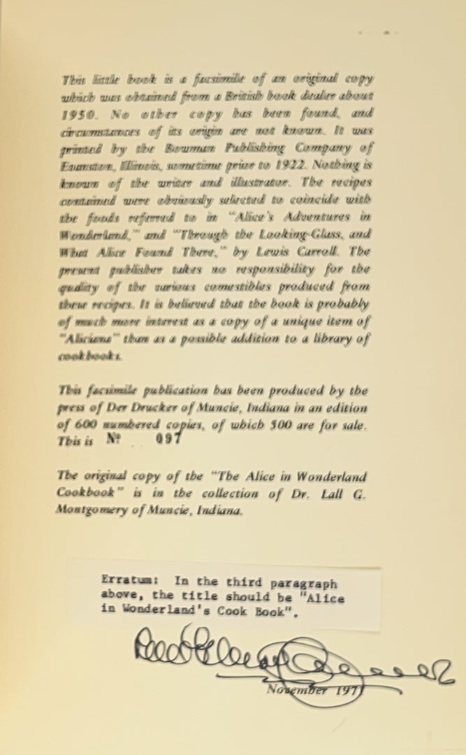 Alice in Wonderland Cookbook. With Erratum slip and signature.