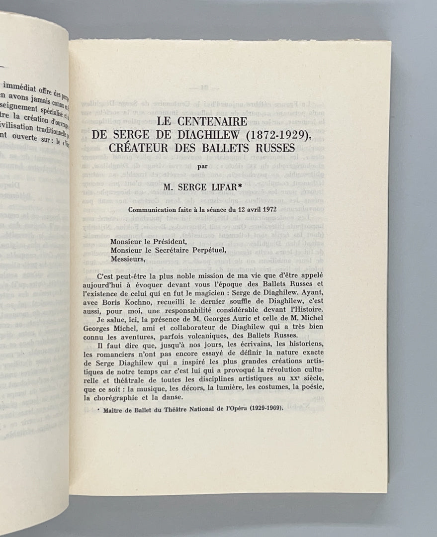 Académie des Beaux-Arts. Signed and inscribed by Serge Lifar.