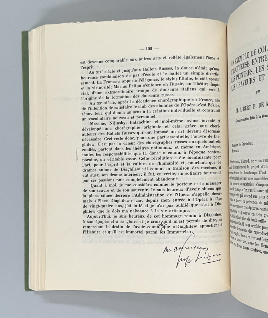 Académie des Beaux-Arts. Signed and inscribed by Serge Lifar.