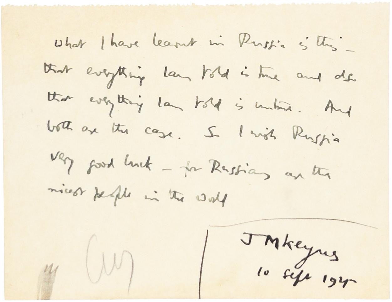 Keynes, John Maynard. An Inscription for a Soviet Newspaper. [Russians are the nicest people in the world.]
