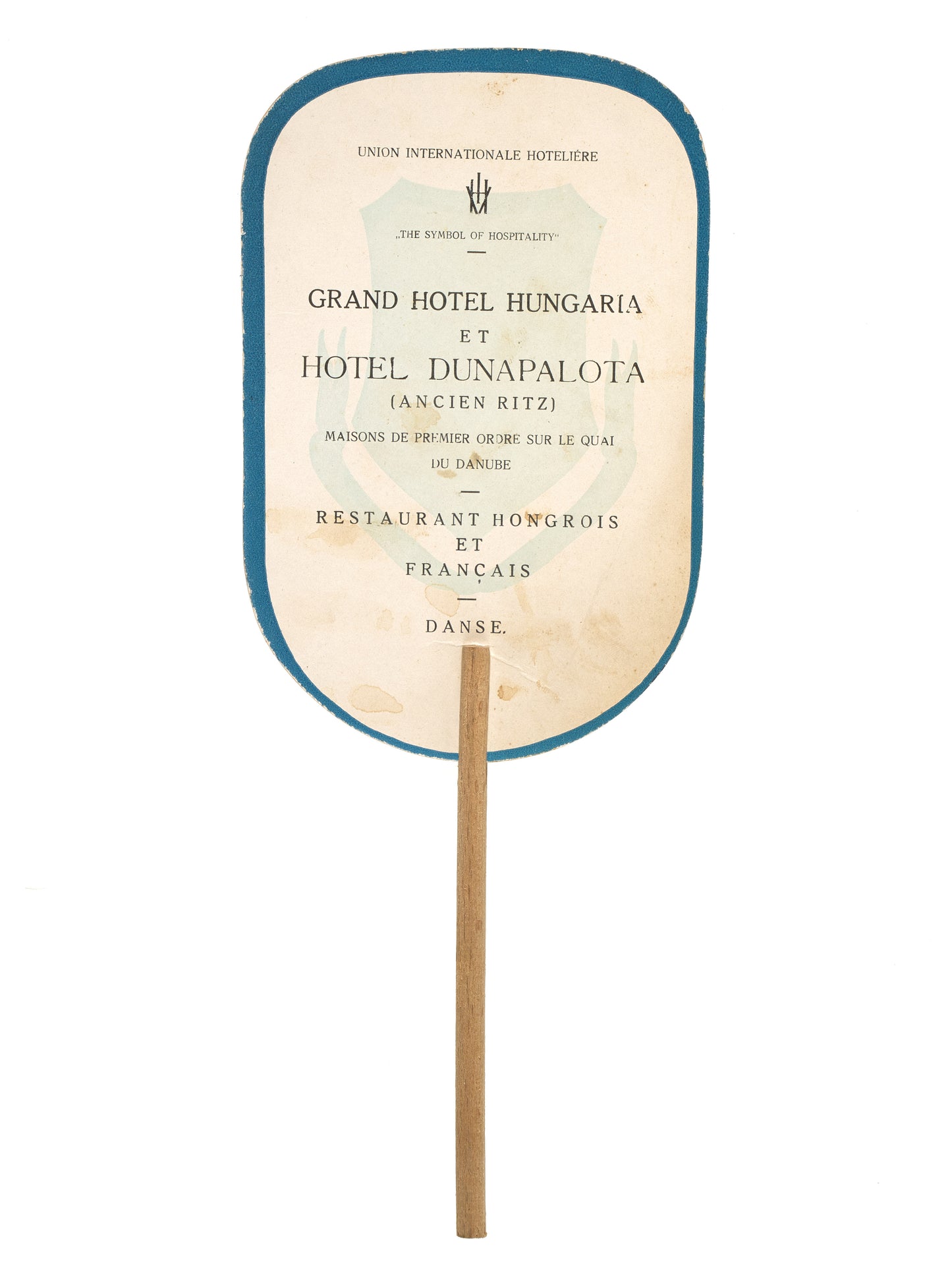 Rare advertising paper fan featuring two luxury hotels in Budapest.