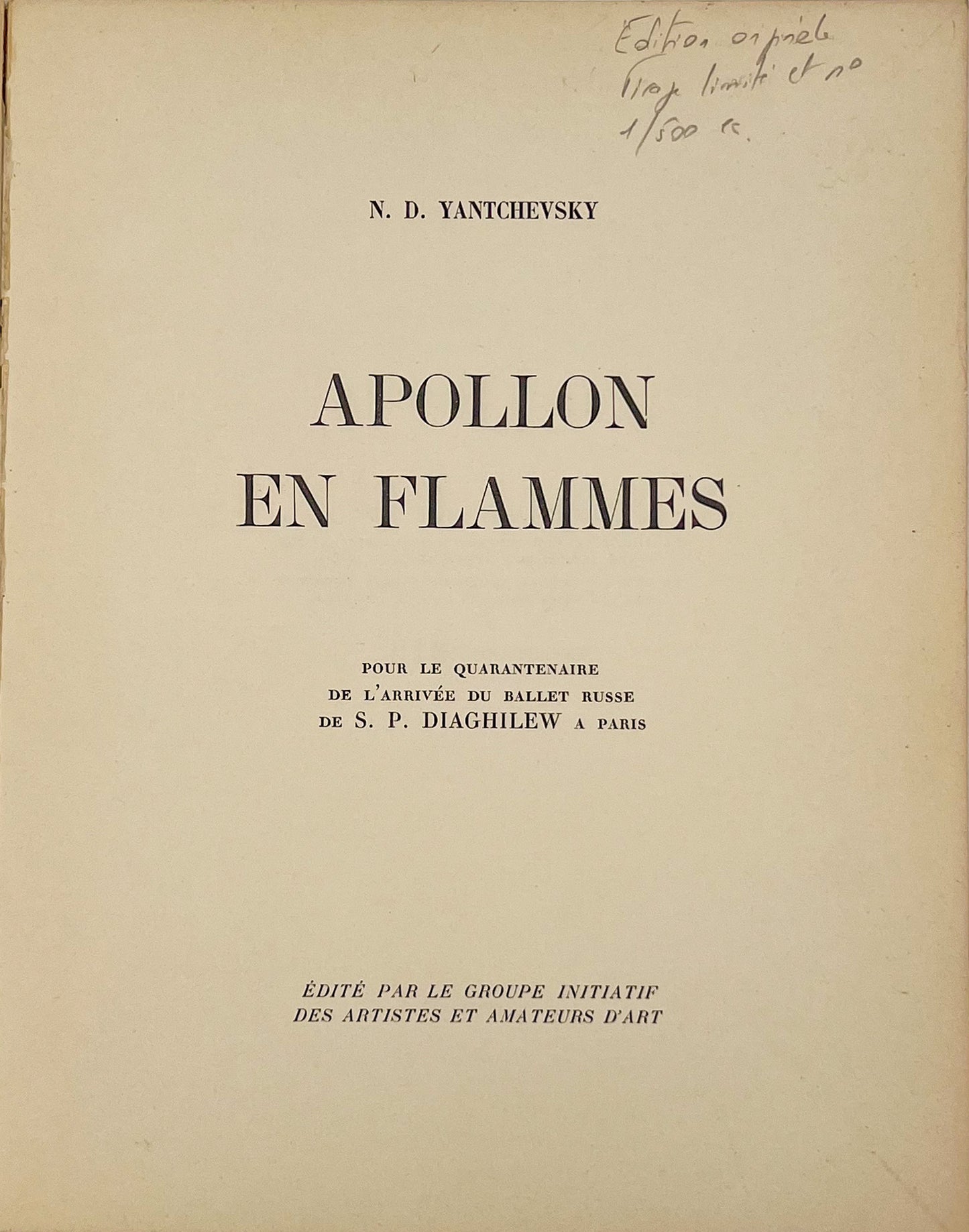 Apollo in Flames: For the 40th Anniversary of the Arrival of Sergei Diaghilev's Russian Ballet in Paris.